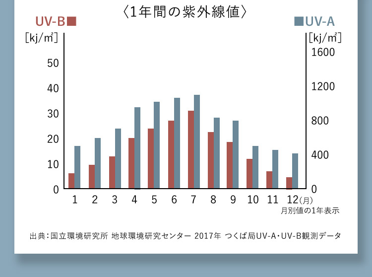 ＜1年間の紫外線値＞ 月別値の1年表示 出典：国立環境研究所 地球環境研究センター 2017年 つくば局UV-A・UV-B観測データ