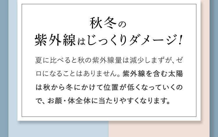 冬の紫外線はじっくりダメージ！ 夏に比べると秋の紫外線量は減少しまずが、ゼロになることはありません。紫外線を含む太陽は秋から冬にかけて位置が低くなっていくので、お顔・体全体に当たりやすくなります。