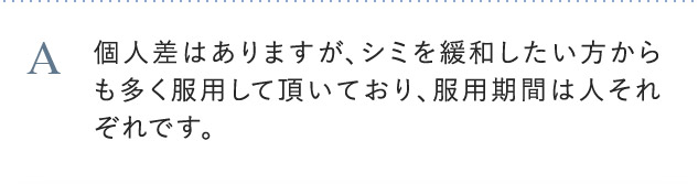 A 個人差はありますが、シミを緩和したい方からも多く服用して頂いており、服用期間は人それぞれです。