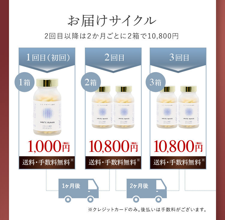 お届けサイクル 2回目以降は2か月ごとに2箱で10,800円 1回目(初回) 2回目 3回目 1箱 2箱 3箱 1,000円(税込) 10,800円(税込) 10,800円(税込) 送料・手数料無料※ 送料・手数料無料※ 送料・手数料無料※ 1ヶ月後 2ヶ月後 ※クレジットカードのみ。後払いは手数料がございます。