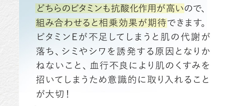 どちらのビタミンも抗酸化作用が高いので、組み合わせると相乗効果が期待できます。ビタミンEが不足してしまうと肌の代謝が落ち、シミやシワを誘発する原因となりかねないこと、血行不良により肌のくすみを招いてしまうため意識的に取り入れることが大切！